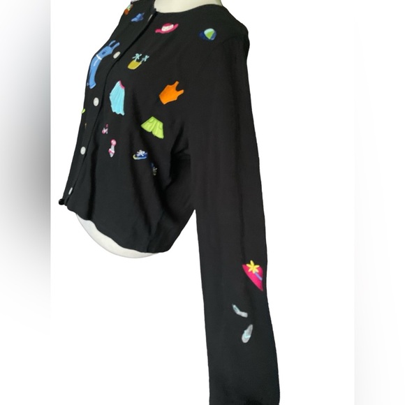 Emma Tricot Black 100% Cotton Cardigan W/Colorful Summer Embroidery, Large - Picture 4 of 6